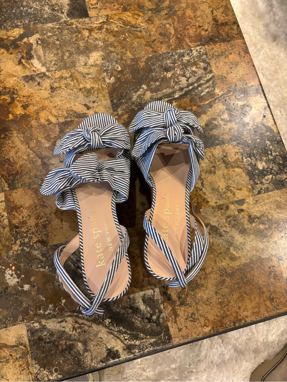 kate spade Navy and White Striped Bow Slide Sandals